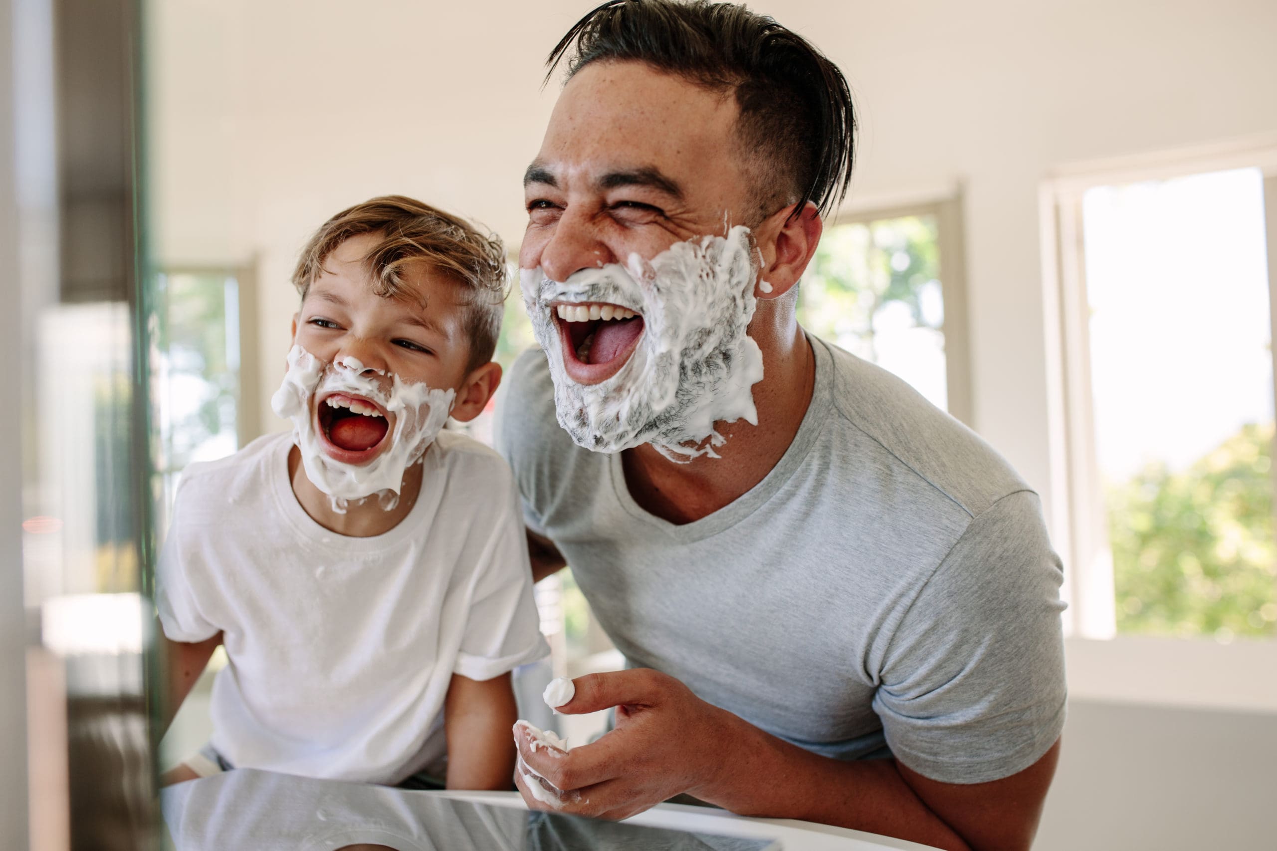 Man,And,Little,Boy,With,Shaving,Foam,On,Their,Faces